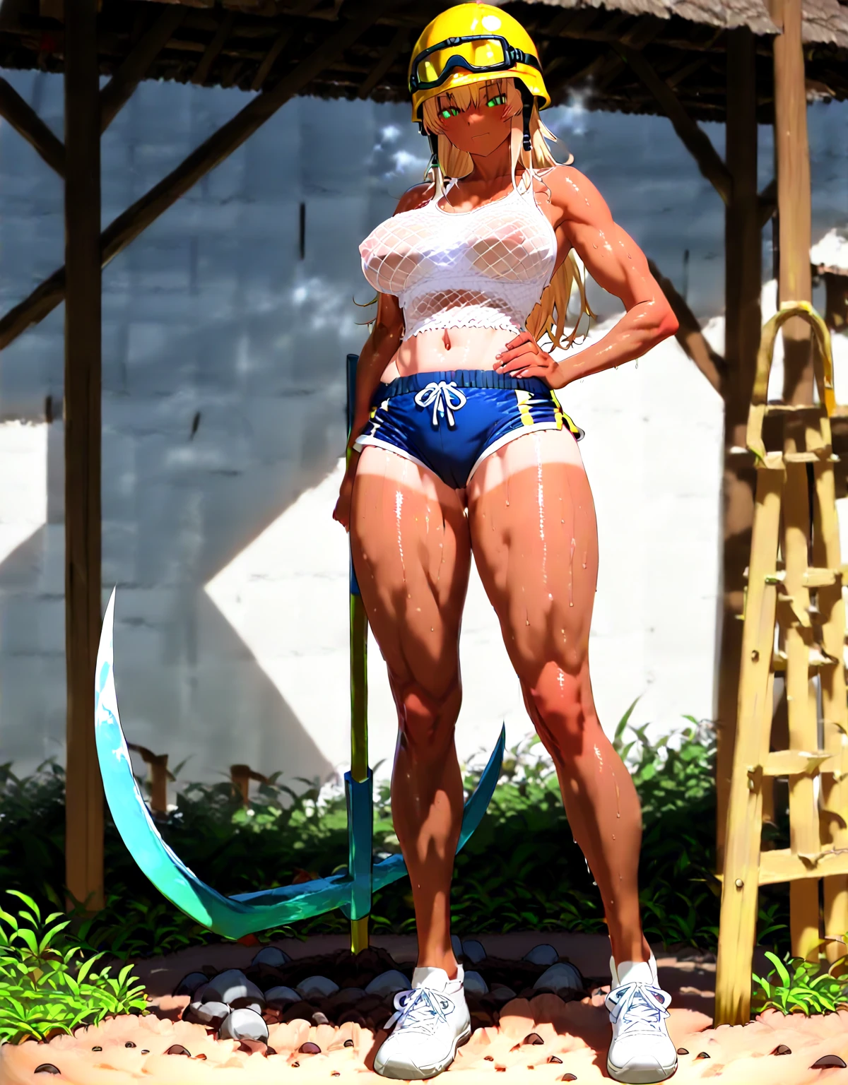 feminine young woman with big muscular body, muscular tense biceps, muscular chest, muscular legs, bare feet, sixpack, abs, oben ohne, liegt nackt im Bett, sexy posing, Full body image