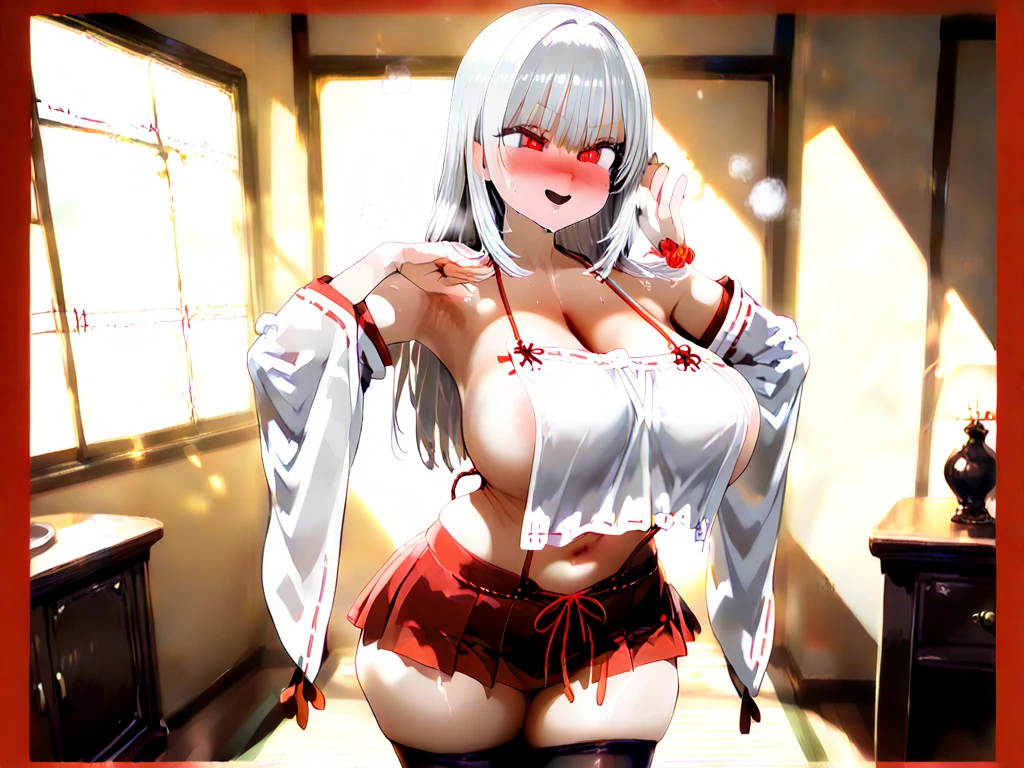 High resolution,masterpiece, Highest quality, smile , Con_Kanaho, smiling , (((nsfw))) , (((busty))), 1girl, sensual body, Her cheeks flushed, Gravure photography , sexy model, kimono, front open uniform , sexy bikini model, white and pink bikini , micro bikini , frilly bikini, Oriental town , japanese town