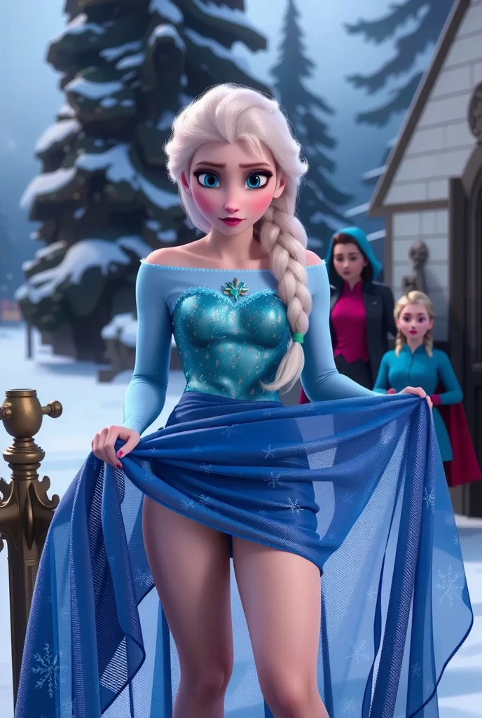 Elsa crying,Frozen,white panties,frozen blue dress,covered nipples,frozen kingdom, up skirt,strong wind from below,shoot from below,standingspreadeagle,