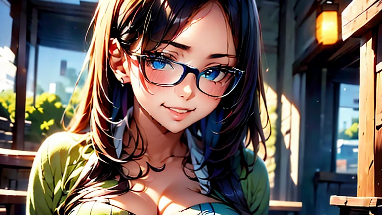 (best quality,4k,8k,highres,masterpiece:1.2),ultra-detailed,(realistic,photorealistic,photo-realistic:1.37), 1girl,rounded glasses,big glasses,beautiful detailed eyes, deep v cleavage, beautiful detailed lips,extremely detailed eyes and face,smiling,looking at the camera,short messy hair,dark-skinned, rounded eyes,cyan blue shirt,black shorts,close up,magazine shot,dynamic pose,studio lighting,vivid colors,portraits