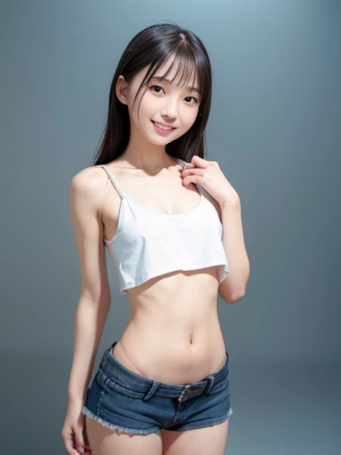 Realistic, Best Quality, Girl, Young Adult Woman Who Looks Like a High School Girl, High Resolution, Natural Skin, Portrait, Looking at Camera, Photo_Light, {{}}, Ulzzang-6500-v1.1:0.8 Facing forward, standing erect with her body facing forward, no make-up, in front of an inorganic white wall indoors, white string bikini, wide eyes, serious and honor student atmosphere, smiling, shot from the knees up.