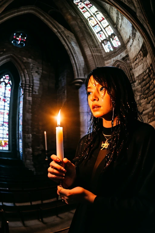 Full body view of an 8 year old girl performing a Satanic ritual to dedicate her soul to father Satan in a satanic temple