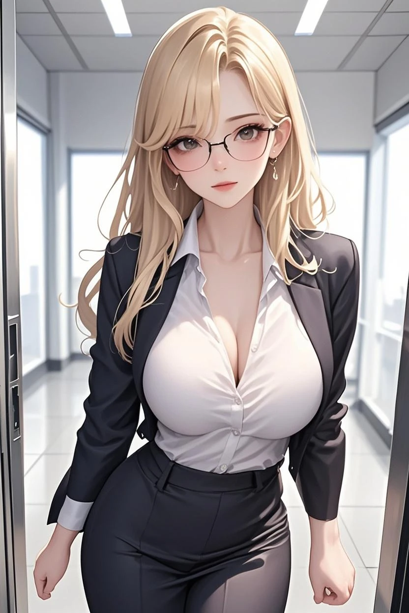 (Best quality:1.1), (Masterpiece:1.2), Highqualityshadow, Beautiful detailed, Beautiful face, Detailed eyes, Off-the-shoulder attire,Depth of field, A high resolution, Best shadow, Best illumination, 1girll, view the viewer, (Blonde hair:1.3),short detailed hair, Blunt bangs, Long hair, Purple eyes, Shy, Large breasts, Miniskirt, blouse, Blazer, Pump, Office Lady, Glasses,cleavage,looks into camera,ssmile,closeup cleavage,Superskirt