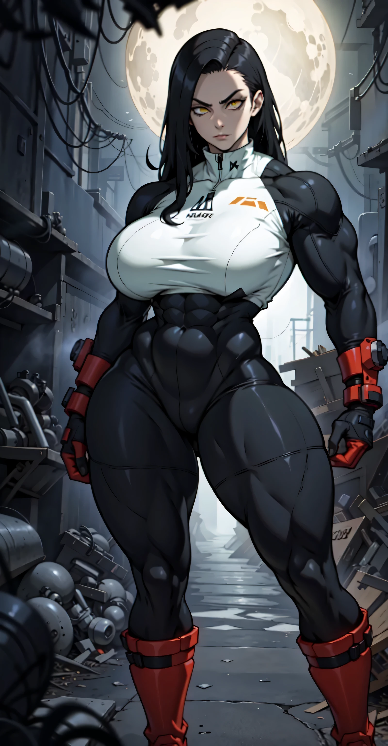 (((((muscular 1 girl))))) thick thighs huge breasts wide hips curvy toned body (angry) yellow eyes black hair very long hair pale skin solo (bodysuit) pilot suit ((full body))