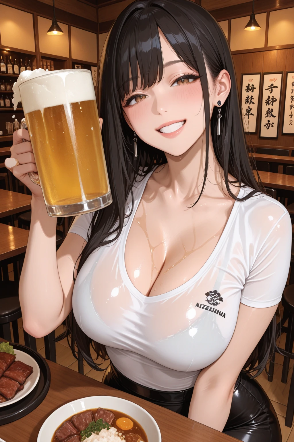 masterpiece, best quality, cowboy shot, mature woman, bob hairstyle, black hair, mature face, hot face, drunk, sharp eyes, medium breasts, curvy body, hazel eyes, unbuttoned white shirt, looking at viewer, very close to viewer, face to face, tough appearance, in the bar, holding beer, sitting across table
((looking drunk),