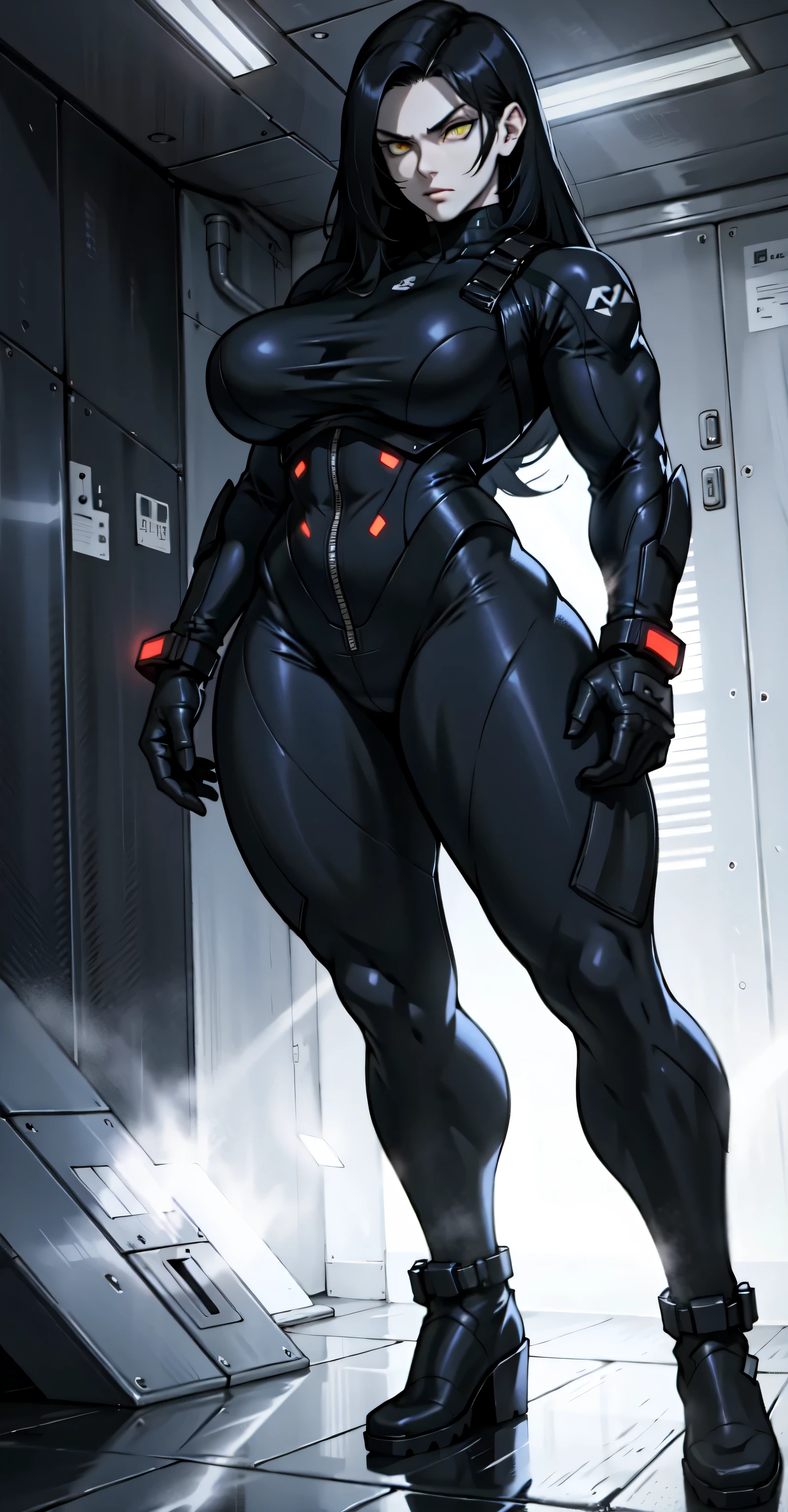 anime waifu bodybuilder, beautiful face, smiling face, perfect body, fit body, abdomen, large breasts, muscular, ((hair) long and blonde), ((clothing) white colored tight swimsuit, torn), (torn cape at the tip covering the body of black color, and hood covering the head of black color), character A2, (white and torn bandages on the arms and legs), (viewer has an isometric vision)