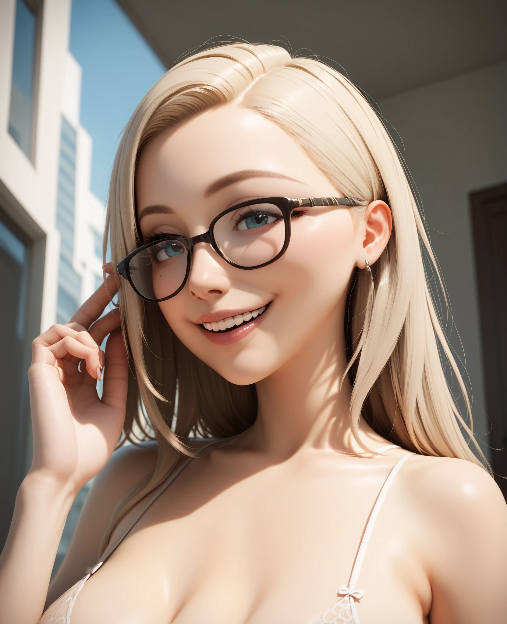 blonde woman with glasses and white tank top posing for a picture, with glasses, thick glasses, Anna Nikonova aka Newmilky, slight nerdy smile, glasses, girl with glasses, sexy girl, big glasses, blonde girl, nerdy glasses, beautiful girl blonde, cute and slightly nerdy smile, angelina stroganova, blonde swedish woman, with glasses on, cute woman, 4k, Comic Babes