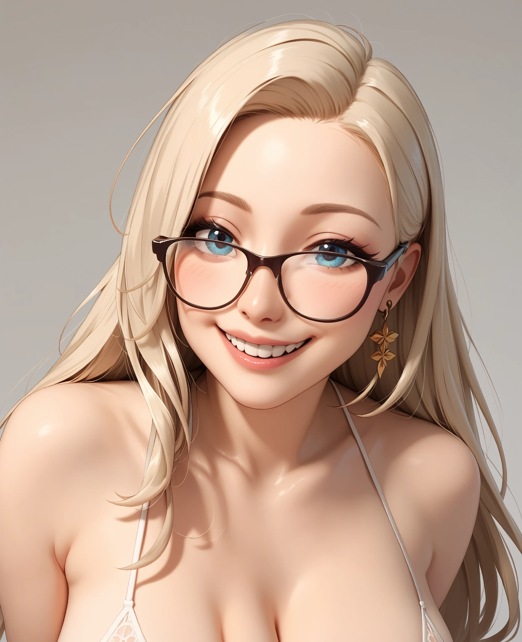 ((best quality)), realistic, Optical Realism, realistic, high resolution, beautiful, Young face, glasses, 17 years old, white skin, Pale skin,smile, gigantic sagging breasts:1.3, Fighting posture, Looking at the camera, (detailed face), Curtain hair, blonde hair, (Wear white bikini), half figure, half body shot,