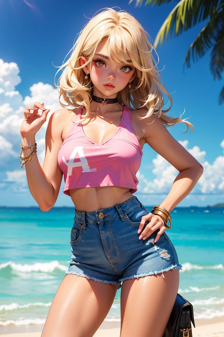 pretty girl with pigtails, blonde hair, crop top, plaid skirt, lifted skirt, white panties, stockings, on a beach