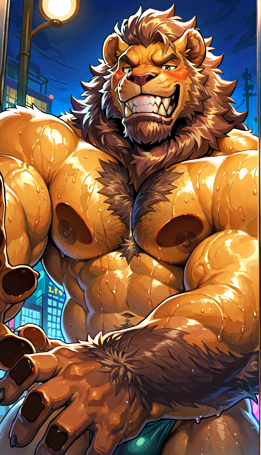 e621, ((oil painting \(medium\), by Rayhuma, by Hungothenomster)), solo hyper musclegut male ((gorilla,prick ears,brown fur,massive pecs with milk coming out of the,massive penis through undwear, fur on cheek, long muzzle, brown monkey tail muscular abs,(brown body:1.5), big smooth muscles, glowing mono red eyes,biceps,onecolored body,summer,sharp fangs)), (flannel shirt:1.5, shorts:1.1), ((open topwear, tight:1.2)), (open arms for hug, standing, :p), giga, (medium close-up, low-angle view:1.1), BREAK, (office, sunny day), (detailed background, (white walls, open small window, plants on sill:1.2), full body shadow, sunlight, ambient light on the body), (masterpiece, best quality, ultra realistic, 4k, 2k), (high detail:1.3), film photography,