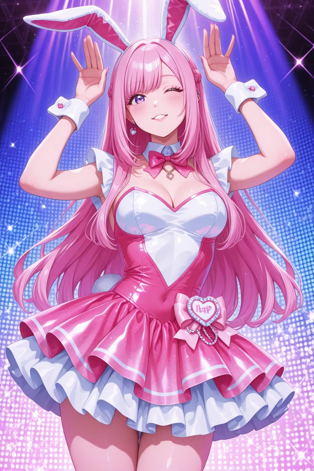 score_9, source_anime screencap, masterpiece, animation screencap, awesome top artist illustration, gravure beautiful poses, (kawaii:1.2), sailor leotard magical girl, heavy makeup bimbo gyaru, large breasts, vtuber, yumekawa pastel color tone and manner, textile shading colorfull pastel sweet gothic fashion, see-through skirt, latex, navel, fairy wing, fantasy background, 90's animation, kawaii, beautiful detailed eyes, white large pupils, light smile, in heat, blush cheeks, pastel color hair, heart jewel, transform scene effect high quality background, perfect anatomy, very high resolution absurdres, insane sharpness, global illumination, perfect female proportion, 135mm f1.4, bokeh, glossy skin oily, perfect anatomy, clothes reflecting light, extremely shiny clothes,masterpiece, best quality
