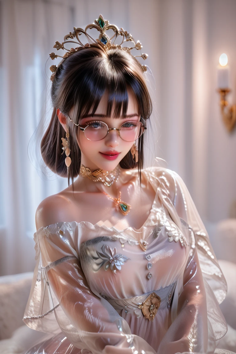 1 Girl,（improve quality：1.4），（Top quality real texture skin), Delicate face,Black Hair, Gradient hair,  Body,（Perfect body：1.1）, A jewel on the forehead, Frameless glasses, Shining pupils，Long eyelashes,Grin, Hyperrealism, movie lighting, expected insert, Surrealism, Ultra HD, masterpiece, 16K，lie，dream，Wearing sheer silk pajamas,cametto,Open your legs slightly，Tattoo，Fantasy Space，Luxurious space
