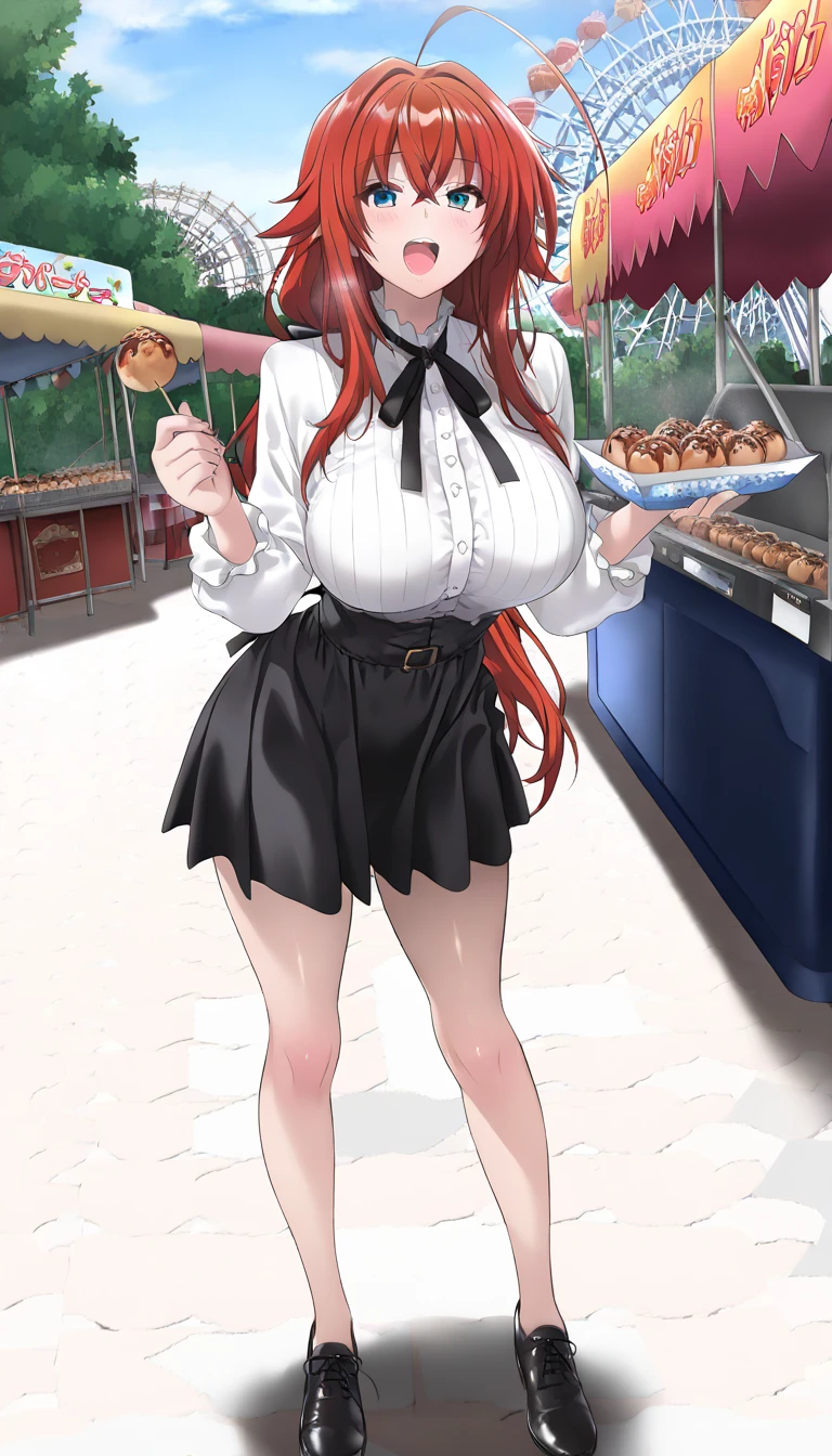 1girl, solo, Lalia from Craving Control, fat girl, long bright Red hair, piercing Blue eyes, big bosom, eating a buffet, simple bright light Blue dress, White Sun hat, long loose hair, no hair pin, cruise