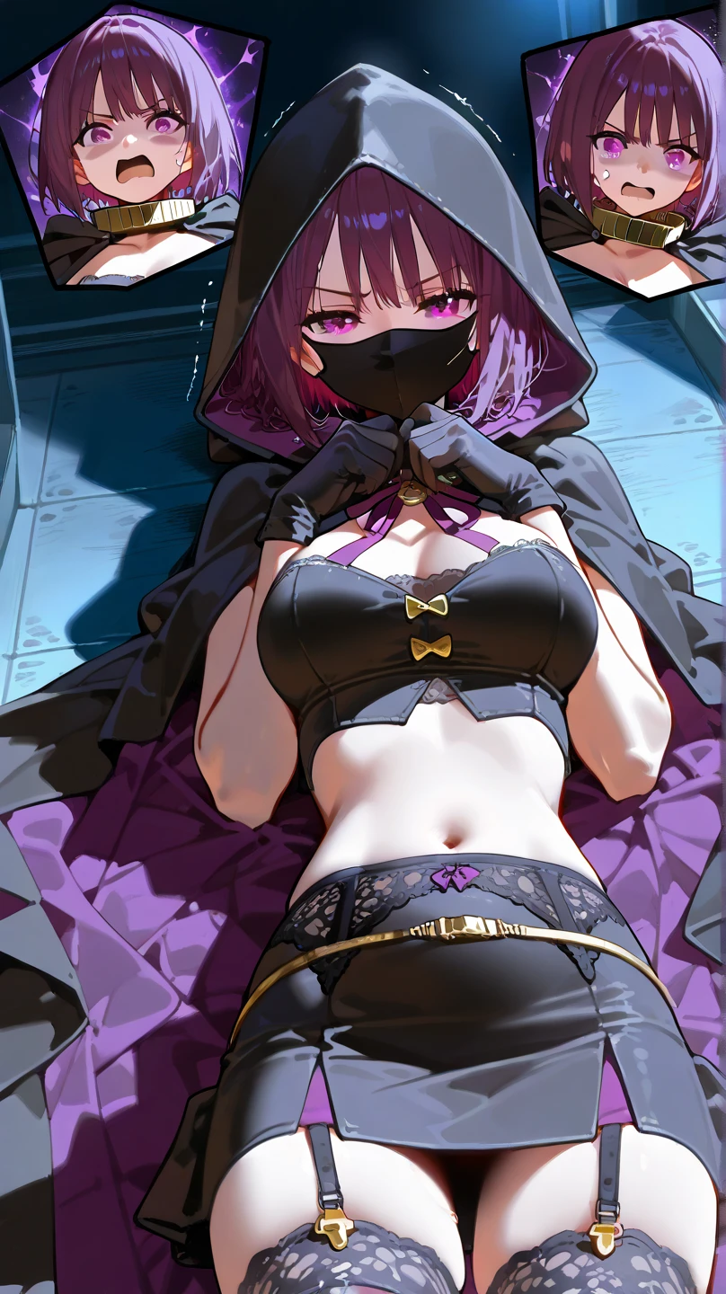 (masterpiece, best quality:1.2),absurdres,highres,1girl,solo,upper body,kirishima (azur lane),black dress,black footwear,black horns,black shorts,looking at viewer,mask,medium hair,microdress,mouth mask,open clothes,open coat,purple hair,red coat,rudder footwear,sakura empire (emblem),sleeveless dress,violet eyes,white gloves,<lora:Kirishima(azur):0.8>,