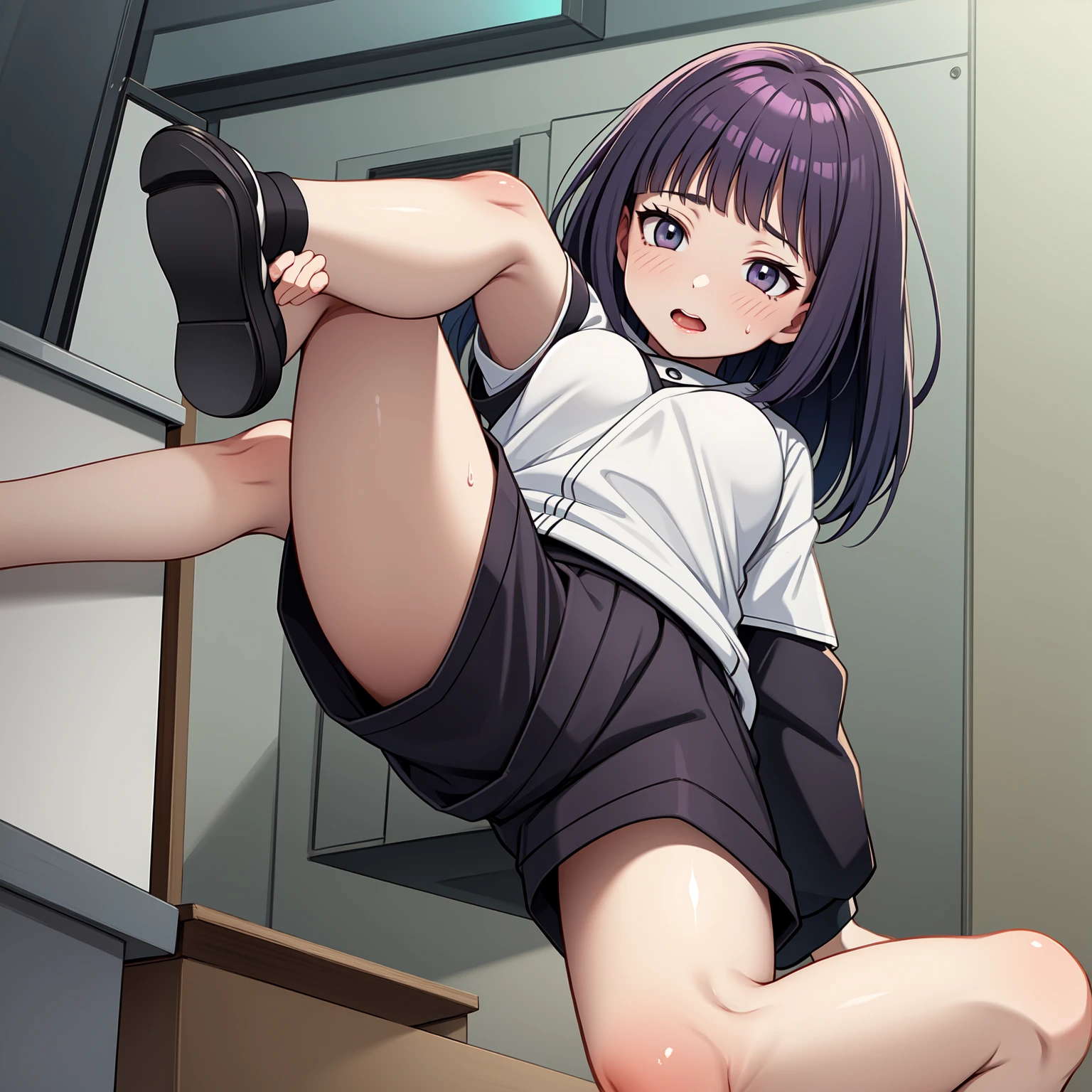 Little sister, cute bra, 8K, best quality, 16 years old, smile, looking at camera, red cheeks, (school uniform), embarrassed, delicate hands, at home, love my brother, clear liquid leaking from crotch, pissing, black hair, bob hair, bog hair, showing off breasts, taking off clothes and showing off breasts, pink , topless, chest sticking out pose, cute pose, full body