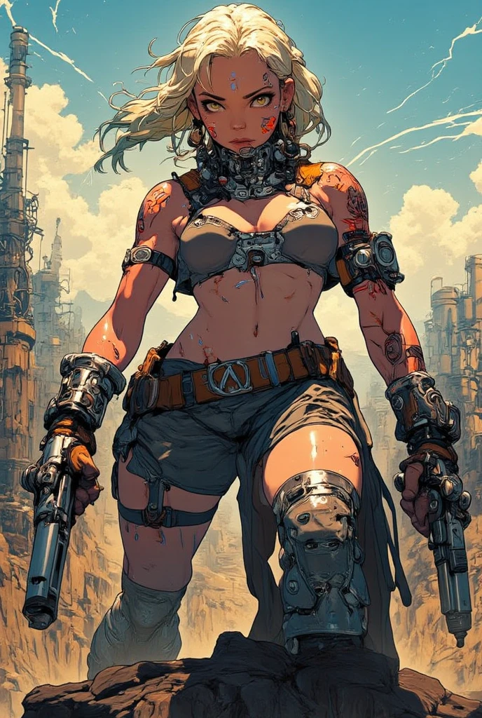 A post-apocalyptic warrior, uma mulher de 35 anos quase nua no estilo Simon Bisley para a capa da revista Heavy Metal, cabelo metade preto metade branco, Minimum clothing, roupas curtas,