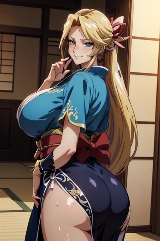 Masterpiece(woman,Huge ,Huge breasts:1.5, とても唇が赤いHuge breastsを強調,Big Ass,Narrow waist,Long legs,Greenish blue eyes,Blonde ) 
Sweat flying:1.１Heat rash:1.１
 8k gal
 (Staring at me:1.5)
 (Anime Style,A floppy smile,What we are looking for,Face mischievous face,The facial expression is accurate:1.7)
 8kAnime Style,The facial expression is accurate
8k(Wearing a black kimono:1.３)
(hairpin :1.3 ), 
Angle from 8k below:1.5. 37 years old
