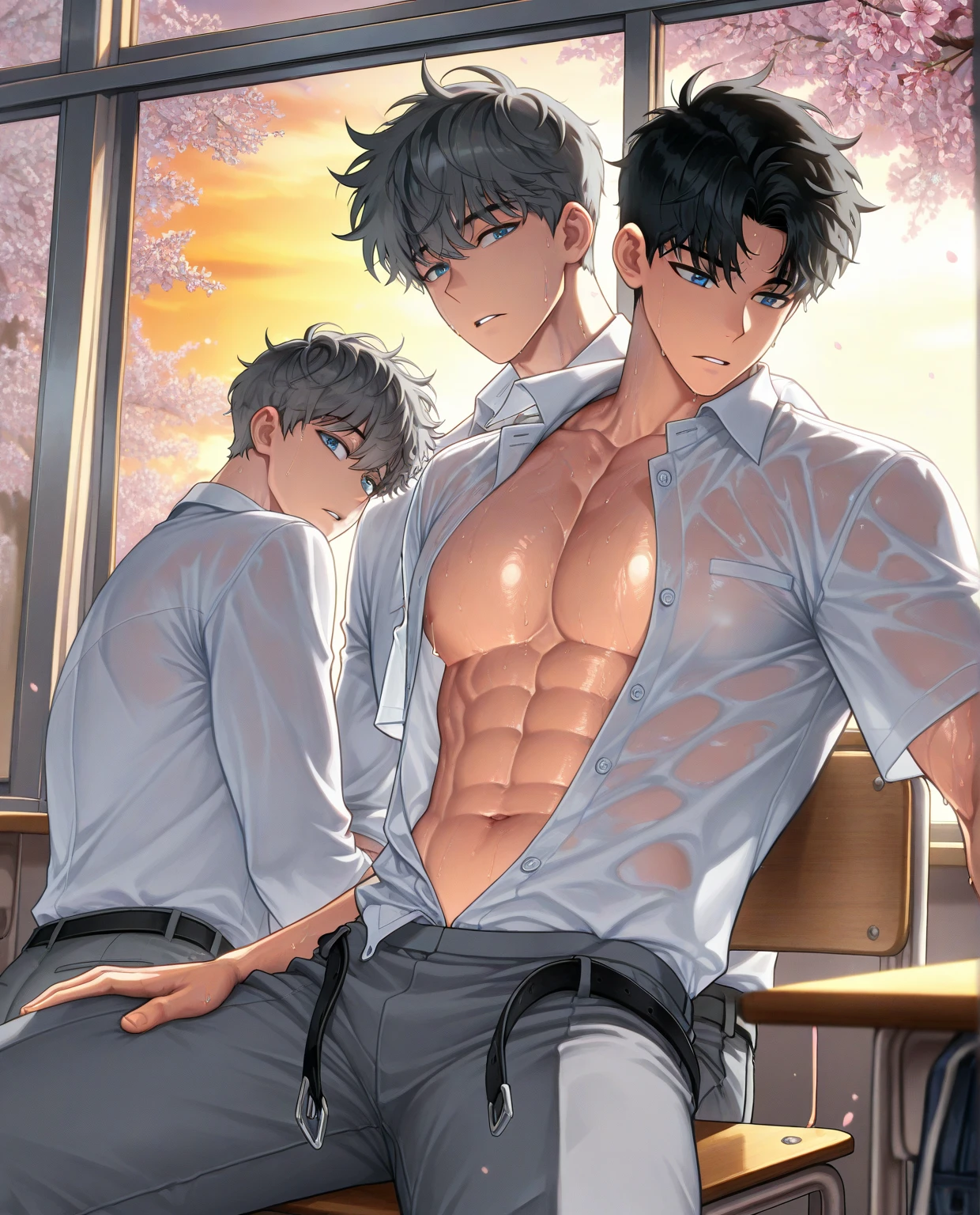 Bedroom in apartment、Dark bedroom、Three naked men with erections standing、Black Hair、Blonde、Black Hair、NSFW:1.3