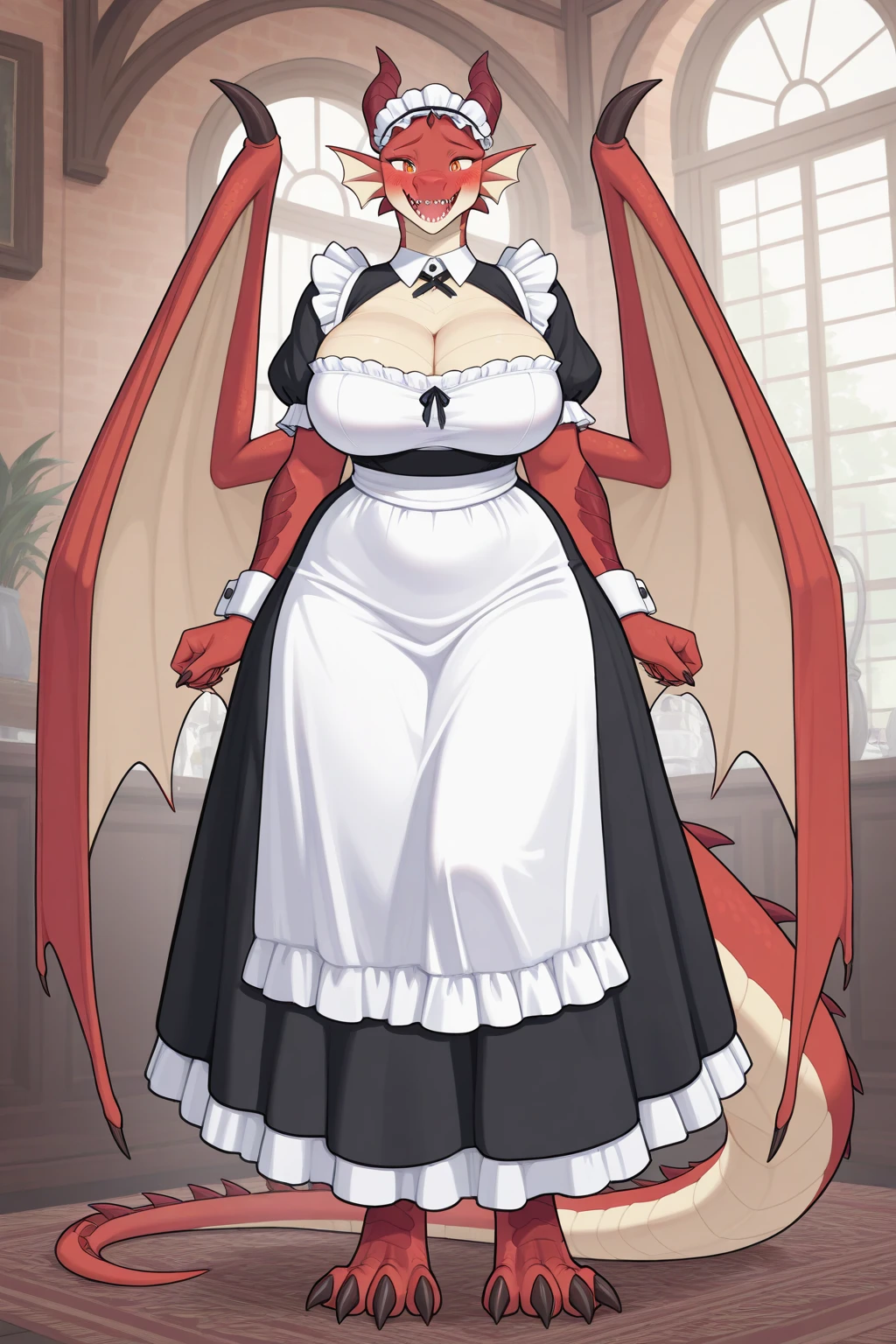 By zinfyu,by twistedscarlet60, uploaded on pixiv, by fluff-kevlar, (masterpiece), (best quality), (solo female:1.2), (extremely detailed:1.3),(detailed eye,black circle on eye,clear eye), sheou, Dragon, Dragon head, dragon wing, dragon tail, anthro dragon, close view, wearing maid dress, perfect circle breast
