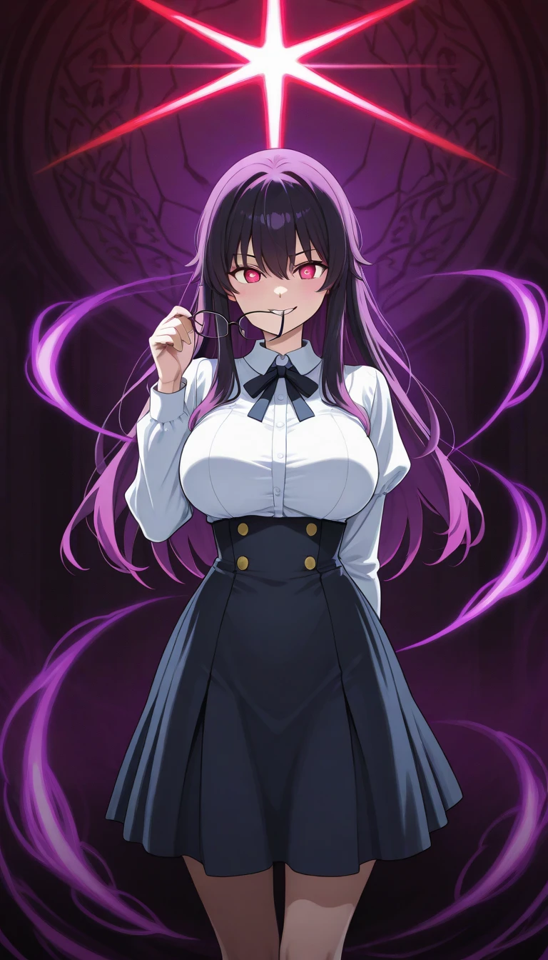 young woman, long straight dark purple hair, high ponytail, few strands of hair at the side of her face sharp emerald green eyes,black jacket, white shirt, large breast, cowboy shot, volumptios body, open shirt, evil smile, dark aura, monster controlling the woman