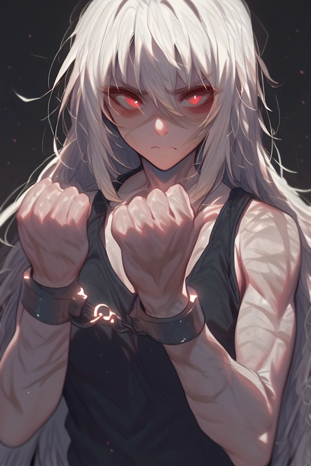 (masterpiece), best quality, silver eyes, perfect face, highres, 1girl, solo, angelms, white hair, white jacket, jeans, fingerless gloves, atacking pose, dancing around chains, evil smile, long boots, fanstasy background, cowboy shot, fullbody shot, looking at the viewer, from front, holding chains, long chain whip