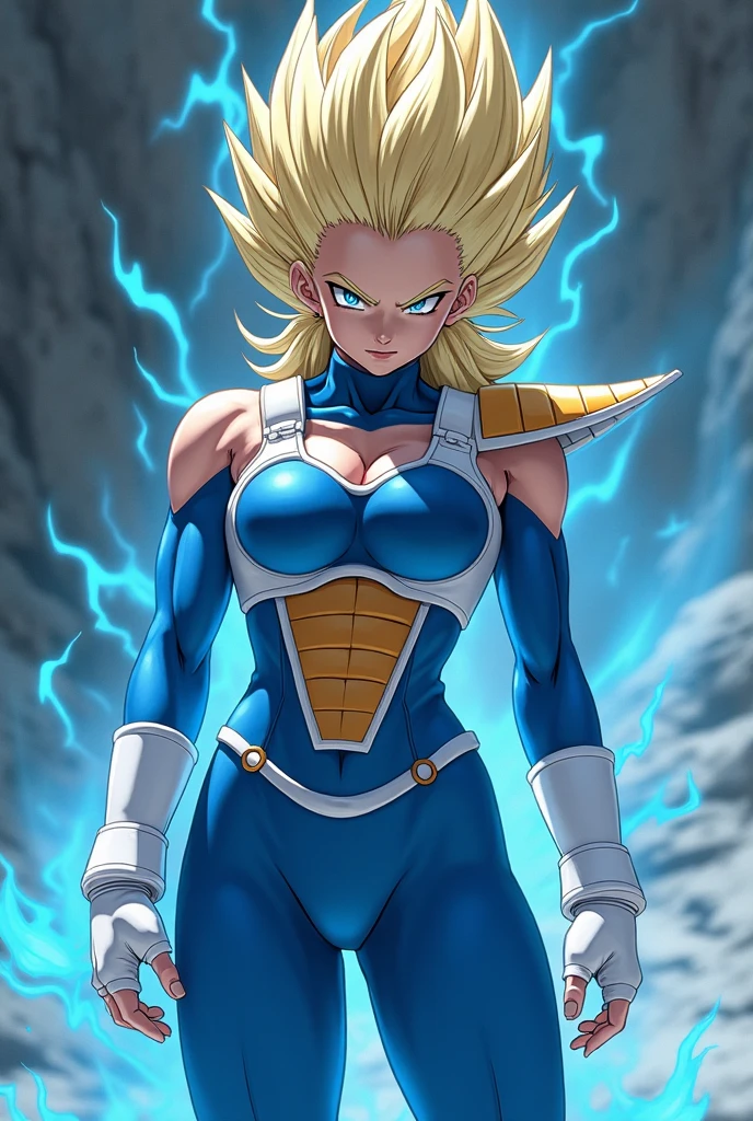 full body photo, Super Saiyan 2, Woman with Vegeta's costume, giant breasts, very tight clothes on the body, long spiky hair Blue, blue eyes, body covered in blue aura with strong emanation, in a fighting position, precise movement, fists up, facing the viewer, looking, hand closed, in the sky at night raining heavily with heavy clouds and strong thunder, vibrant colors, Ultra Instinct, anger vein, determined, evil, Masterpiece, high quality, 16k, UHD, anatomically correct, award winning, high details, masterpiece