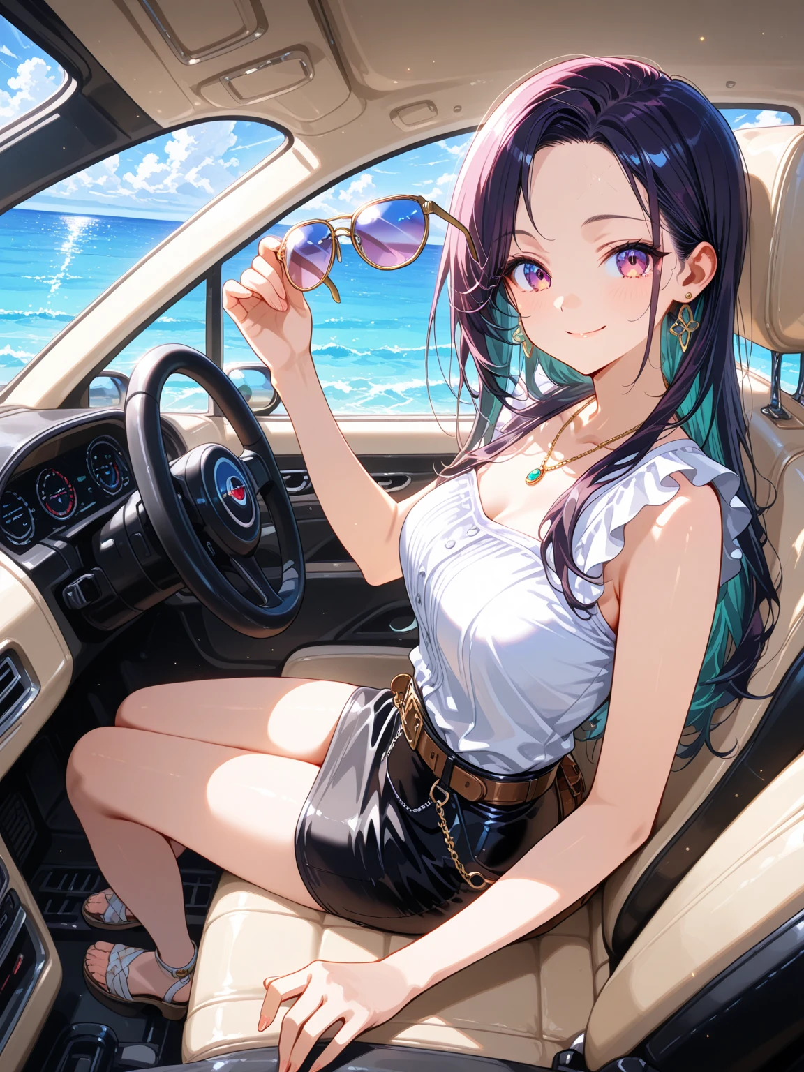 ((Best Quality)), ((masterpiece)), (detailed), 1 girl, lying on the canvas of a classic car wearing a blue and green swimsuit, wavy fur,  by rubio, blue eyes, black heels, big breasts, neckline,((Whole body)), view from above,((profile view))