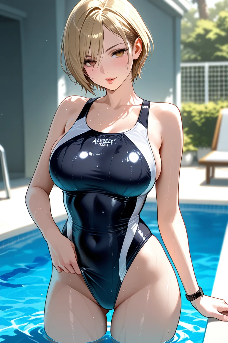 Blonde, (short hair:1.2)、((Illustration of a person))、Big Breasts、
View your viewers,, (Highest quality:1.3),blue eye star piece、Highest quality)、Highest quality, Ultra-high resolution, (((masterpiece))), alone, Sweat、Big eyes、Big Breasts、One Girl, Front view、Embarrassed face、Bronze colored hair、((short hair))、One Girl, alone, blush, Big Breasts,
Bare arms, Wet, Pool, 青いSchool Swimsuit, Thighs, Place your arms at your sides, Bare arms, Cowboy Shot, Are standing, School Swimsuit,bite、High Leg、mansuji