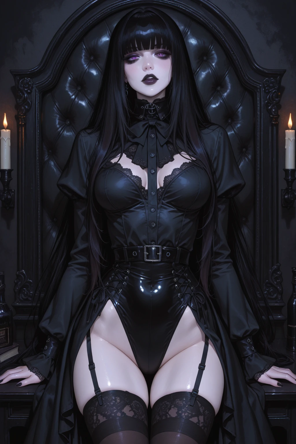 Morticia Addams,sitting in the room on a hounted house, ((short goth dress)), Extreme sharpening, (Showing white panties:1.2)