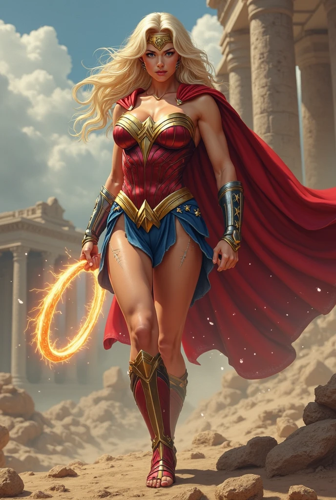 Movie scene, mid-length close-up [Cindy Crawford], blonde hair, movie scene, cowboy shot, beautiful woman, blonde, long hair, bangs hair, strong, beautiful, super girl DC comics, blue and red swimsuit, red and gold cloak, energy, action, impactful, floating in the air, low, night energy