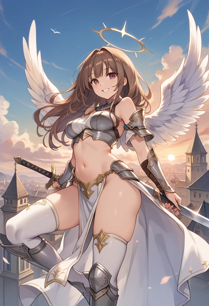 fantasy, 1angel_girl,, ,brown_hair, medium_bob_hair, long_bangs, halo,bare_shoulder,thighhighs,silver_armor, waist_armor, large_breasts,angry,grinning,open_mouth_teeth, 1pair_wings, dynamic_pose_fighting,floating, bare_crotch, headgear,gauntlet, greaves,city_sky_background,slightly_spread_legs, solo, groin_naked,