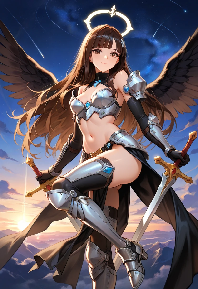 fantasy, 1angel_girl,(young_teen:1.5), ,brown_hair, medium_bob_hair, long_bangs, halo,bare_shoulder,thighhighs,silver_armor, waist_armor, large_breasts,1pair_wings, dynamic_pose_fighting,floating, bare_crotch, headgear,gauntlet, greaves,city_landscape_background,slightly_spread_legs, solo, groin_naked,smile