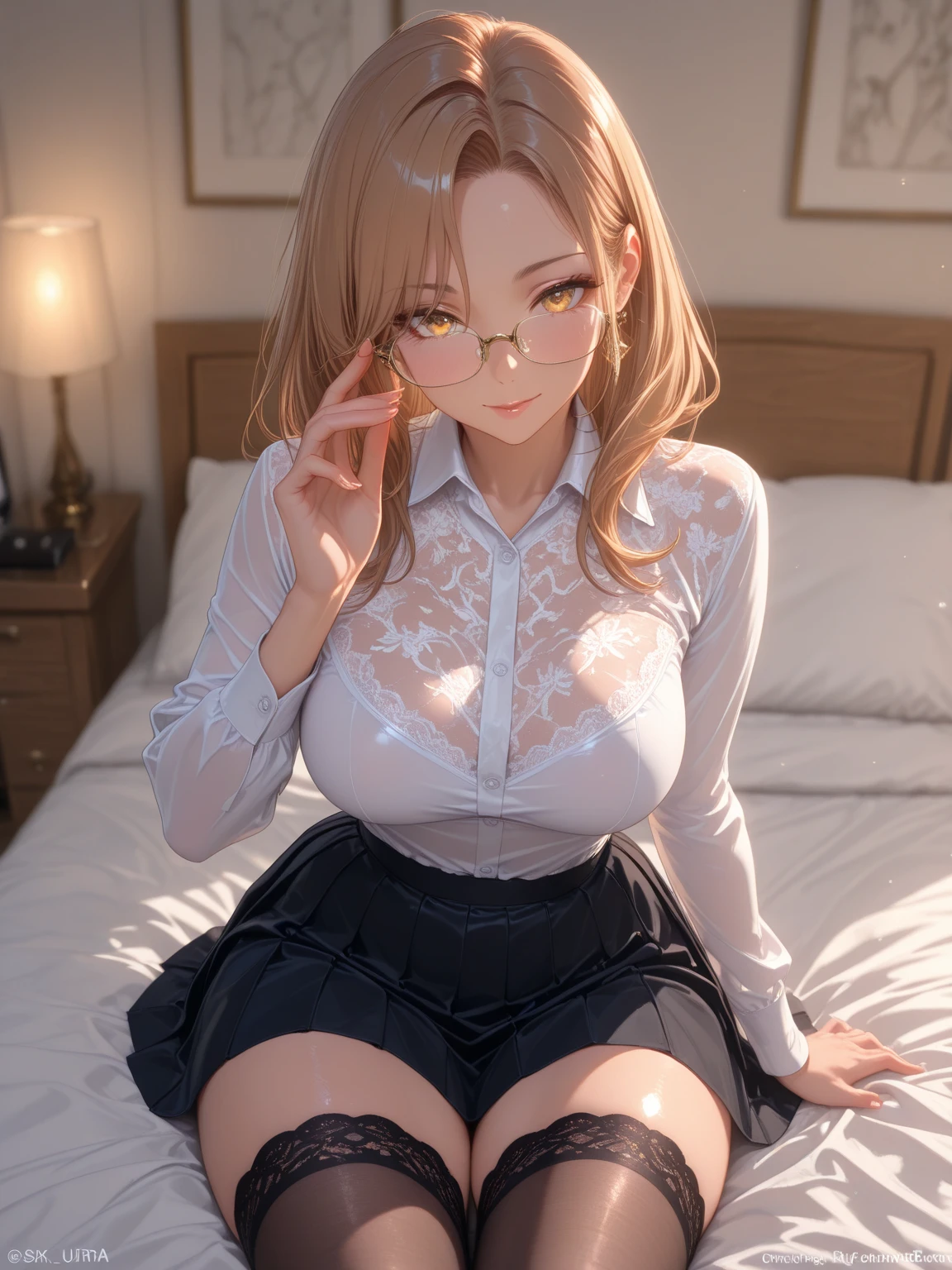 Lunatierke Tiague, Whimsical tears, Blonde hair, (Green eyes:1.5), Hair intake, Long hair, low-tied long hair, Glasses,
((Nurse's clothes))、((pantyhose))、((a miniskirt))、((Open legs))、(Colossal tits)、
Watch your audience and take a break,(Bedroom)、on the beds、BREAK (masutepiece:1.2), Best Quality, High resolution, Unity 8k壁纸, (Illustration:0.8), (Beautiful detailed eyes:1.6), extra detailed face, Perfect Lighting, extremely details CG, (Perfect hands, Perfect Anatomy),