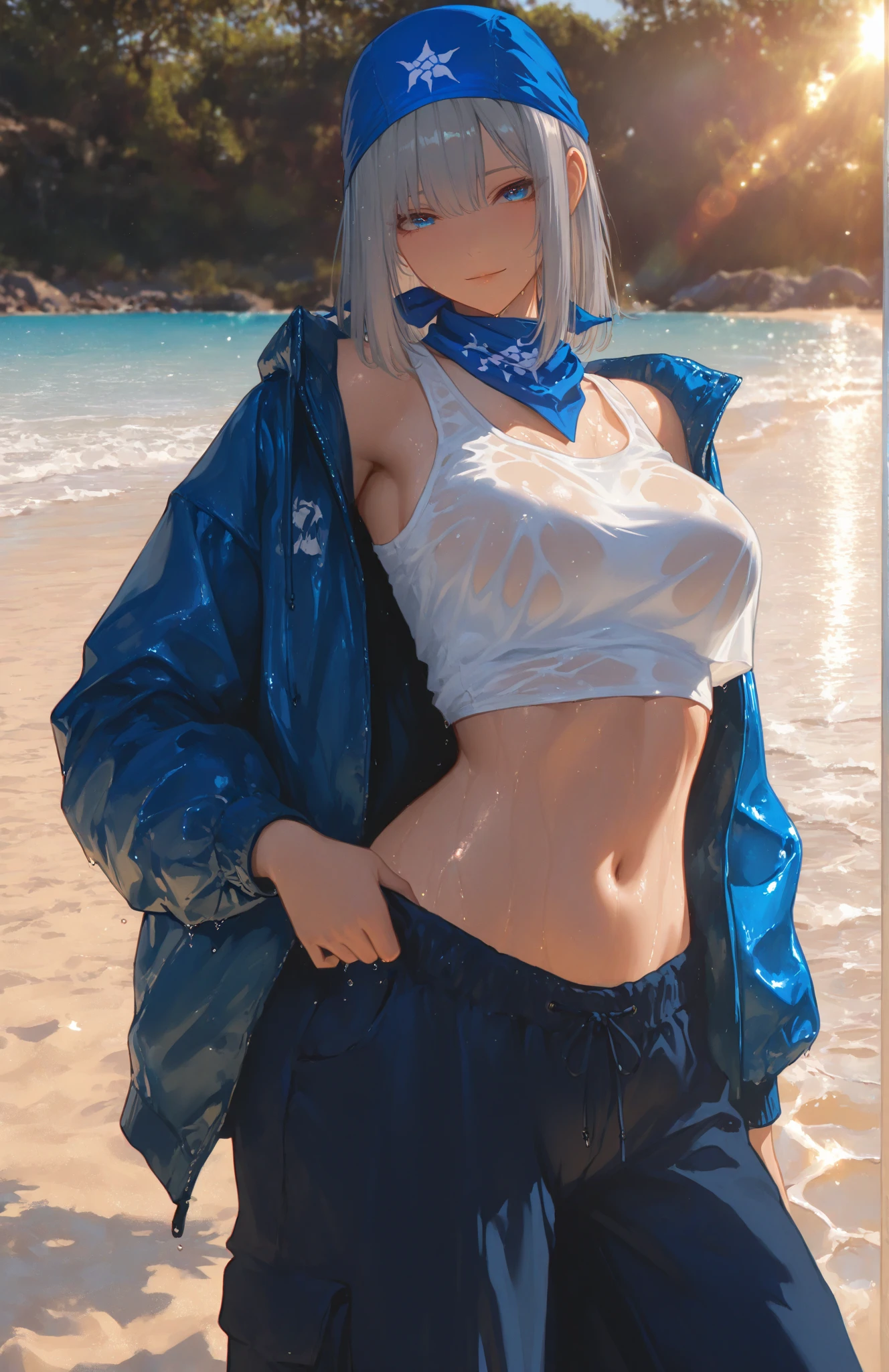 最high quality、Best image quality、masterpiece、With a girl((cute、20-year-old、Best Bust、Medium Bust、Bust 85,Beautiful Blue Eyes、Spread your chest wide,Short silver hair、Slender、The best valley、、Blue Bikini、,Show the whole body、Black perforated gloves,Blue Mesh,Leaning forward greatly、Blue Sports Sunglasses、Blue Intercom,Sweating profusely、Face Paint))high quality、Beautiful art、background((White wall、graffiti、paint、Spray can)),Tabletop、Exquisite design、Visual Arts、Depth of written boundary、Best lighting、Highest detail、8k