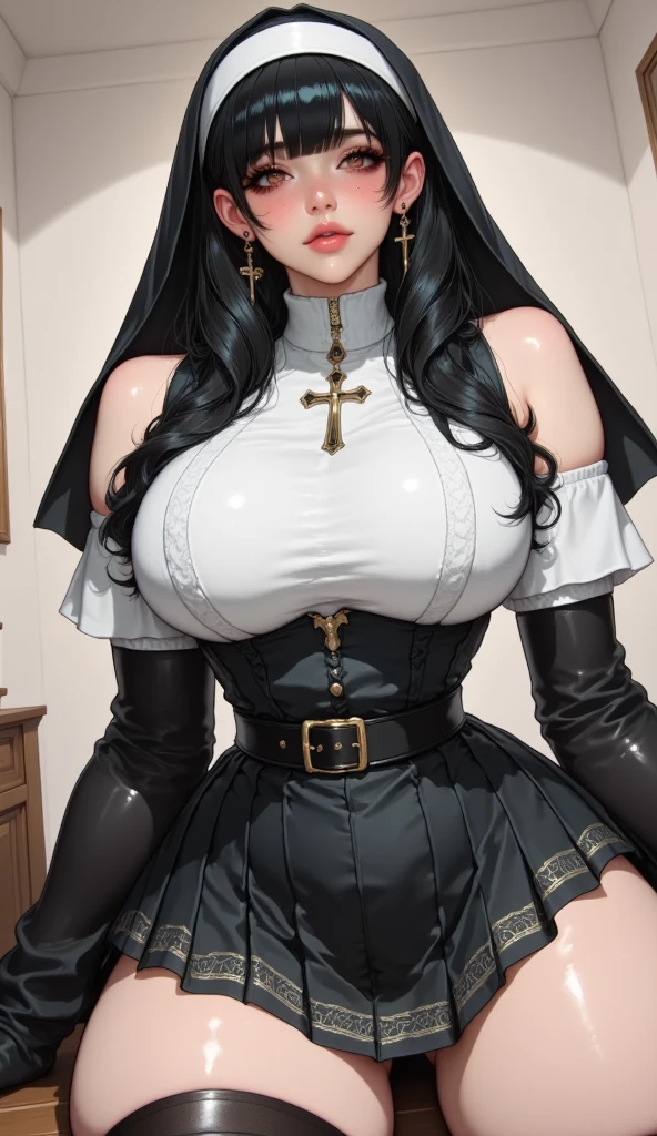 Standing, big breasts, plump, pretty face, thick body, blonde hair, hands covering eyes, seductive expression, showing a happy smile, showing armpits, masterpiece, super mass, 4k quality, high detail, dark elf mother, black nun turban, lace skirt, cleavage, white tights, sweaty, hands on the back of the head, lying on the table, wet transparent clothes, see-through, water vapor, steam from mouth, elevation view, add_detail:1.5