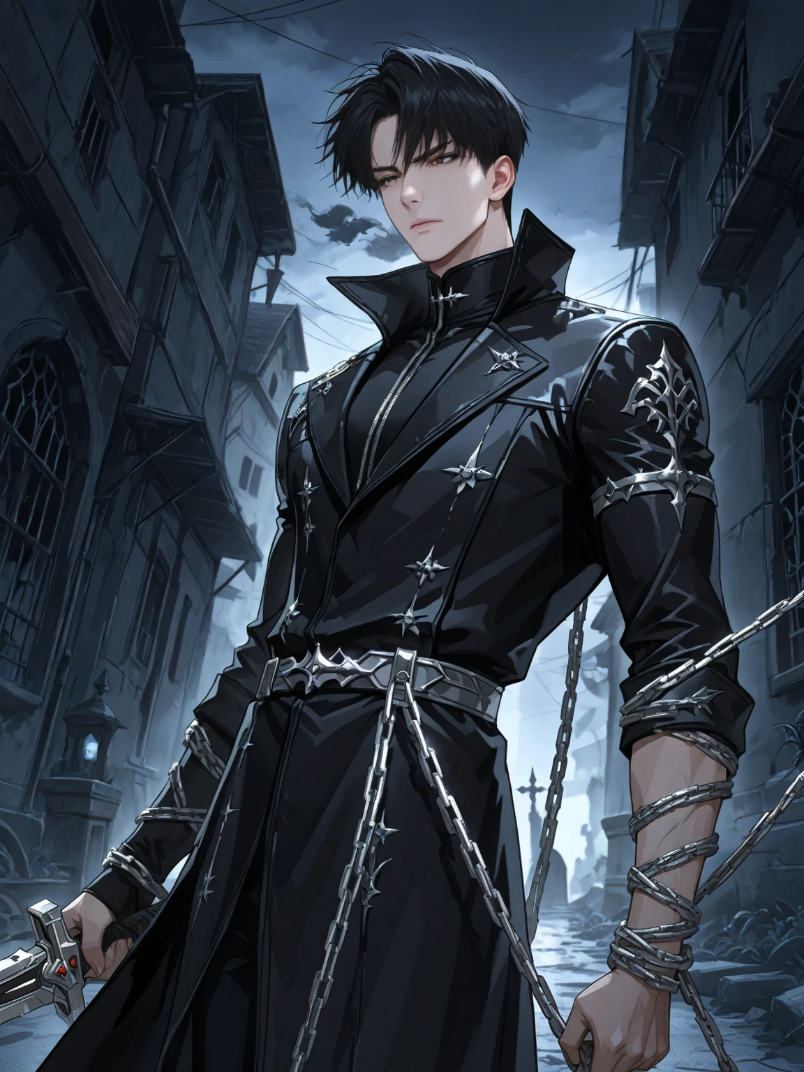 1 male, teacher, wearing black shirt, rolled up sleeves, black long pants, black hair, short hair, face to detail, detailed eyes, dark grey eyes, hood, the background is space in china. In a fighting position. Silver chains everywhere. Holding a sword standing.
