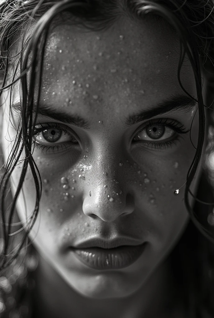 a close up of a woman with wet hair and a black background, crying fashion model, photography of albert watson, tears dripping from the eyes, wet dripping hair, awesome and moody, by irakli nadar, tears running down face, 8k artistic portrait photography, rain drops on face, black and white artistic photo, sultry expression, emotive portrait, close up, portrait, macro lens, 100mm 1.8, dramatic pose, award winning portrait, crystal clear, micro-details, eye portrait