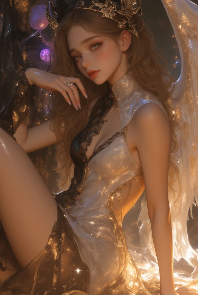 best quality, anime girl, naked, detailed openwork transparent decorated white thong, transparent pasties, frilly, delicate baby face, skinny body, big breast, Russian fairy, cinematic lighting, particles, bokeh, Tyndall effect, smooth detailed skin, closed eyes, pain, :o, screaming, fairy wings, full body, dreamlike, scenery BREAK corpse, laying down, holding sword, dynamic pose, look another, dutch angle, headback