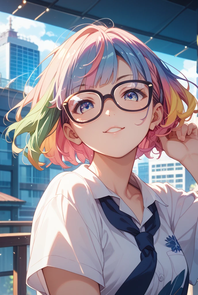 (extremely detailed fine touch:1.3), (((semi-rimless eyewear:1.3))), (headphone:1.2), short hair, blunt bangs, 1 girl, solo, running, serafuku, short sleeves, mini skirt, midriff, (hyper-detailed, flower field:1.2), (hyper-detailed cumulonimbus clouds:1.3), leaves, sweat droplets,
petals,