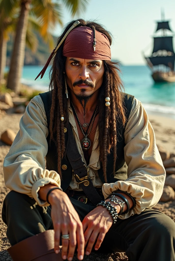 (8k, RAW photo, top quality, masterpiece: 1.2), cinematic shot, full body photo, johnny depp, captain jack sparrow, pirates of the caribbean, black around the eyes, dirty skin makeup, shot with hasselblad camera, sharp focus, (depth of field: 0.6), cinematic color grade, black pearl