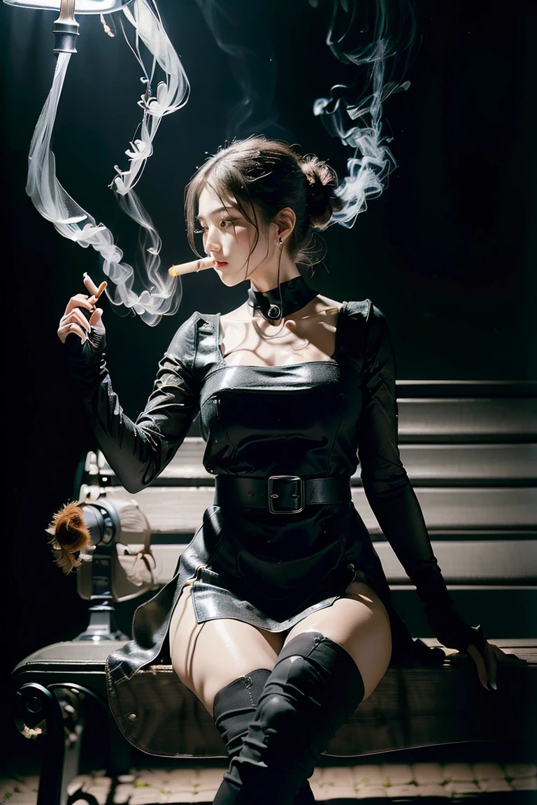 masterpiece, ((realistic pictures:1.5)), ((Detailed drawing with 8K image quality)), professional lighting, There's a woman wearing a plaid shirt and black boots, (Smoking cigarettes), (Smoke rising from a cigarette you're smoking:1.5), Just the sleeves of the red checked shirt, Black braided boots, red fishnet stockings, Black lace miniskirt, 1 7 - year - old anime goth girl, cruel korean goth girl, 1 7 - year - old goth girl, goth girl aesthetic, goth girl, goth aesthetic, gothic horror atmosphere, japanese gothic, goth style, Black-haired Sui Ishida, Cybergoth, Goscoax, gothic girl, e-girl
