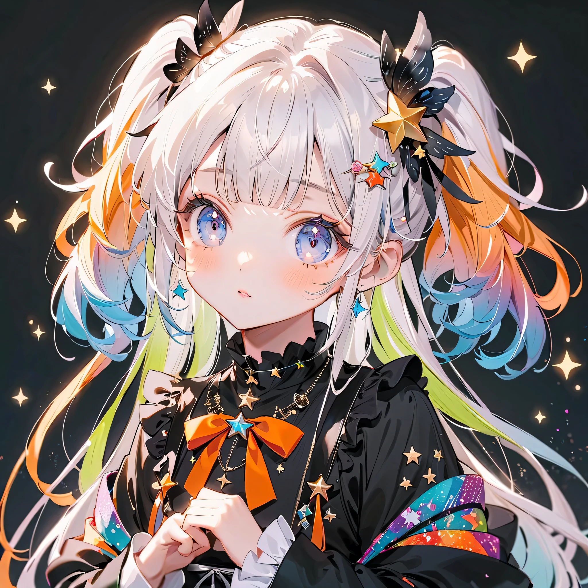 best details、 1 girl,,Blink,(MILKY WHITE AND BLUE GRADIENT HAIR COLOR)、 LIME AND BLUE COLOR PALETTE、( hair color is milky white、The tips of the hair are blue)、 the cutest girl in the world ,(orange neon color star choker 、Ruffles on the collar 、 Wear a colorful and cute gothic kimono costume ,showing shoulders、 Long and wide cuffs 、Clothes Patterns That Feel Like Space 、) Star Fairy, Wear a colorful and cute gothic kimono costume with little fairy feathers growing from above your waist 、 Simple Backgrounds、 best details 、Rainbow Hair Ornament、Vtuber character design、sparkling、sparkle、
