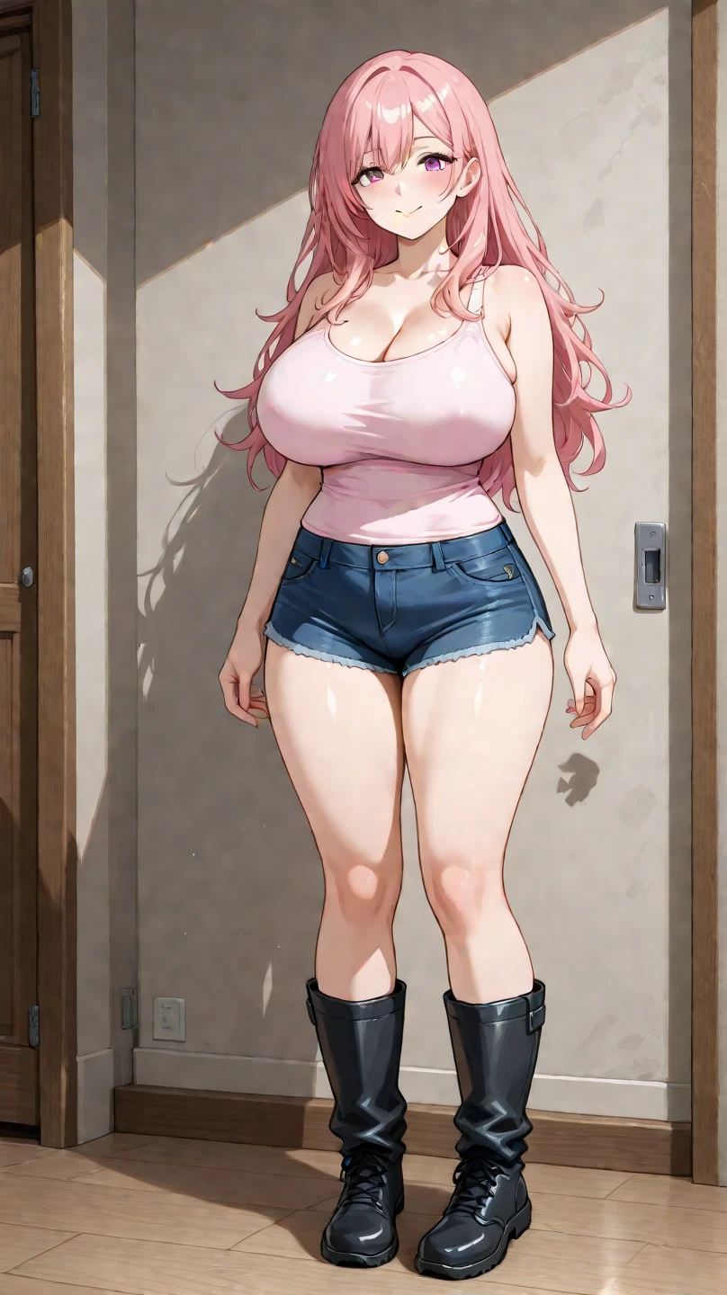 (masterpiece), best quality, expressive eyes, perfect face, 1girl, {{huge breasts}}, sexy, pink eyes, light smile, straight hair, medium soft hair, pink hair, combat boots, side view, pink jacket and jeans, holding a bow and arrow, full body