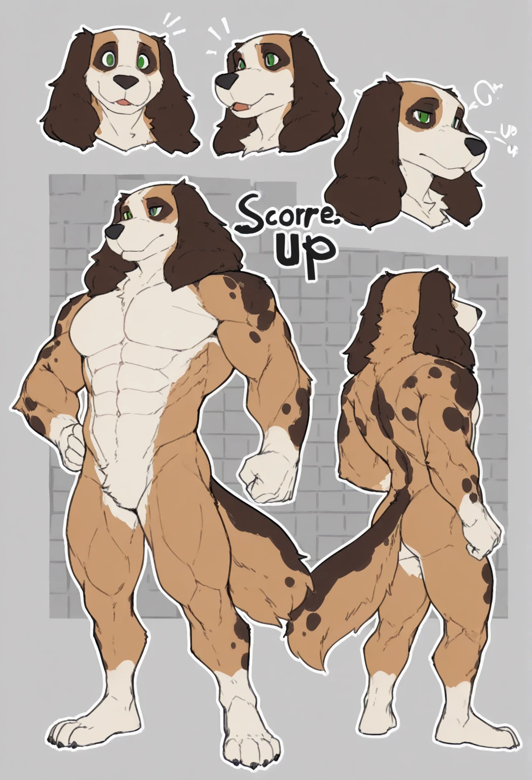 Solo, male (((short, domestic dog, embarrassed expression, fluffy, thin, athletic, blue eyes, black nose, huge pecs, brown spots on legs, white body, white fur, white legs, white arms, white head, brown ears, button ears, folded ears, floppy ears, black eye brows, tail, blue jockstrap, big bulge, pink nipples, huge butt, long snout, looking shy, all brown ears, mostly white fur))) standing, smile, character design sheet, reference sheet, character sheet ((male focus, eye focus, focus white body, focus white fur, focus full body, focus brown ears, focus mostly white body, focus character sheet, focus front and back view, focus side view, focus reference sheet)) black collar, collar, front view, back view, side view, three quarters view, detailed hands, detailed arms, detailed bulge, detailed jockstrap, detailed body, detailed ears, identical, full body, perfect anatomy, by darkgem, by mystikfox61, by glitter trap boy