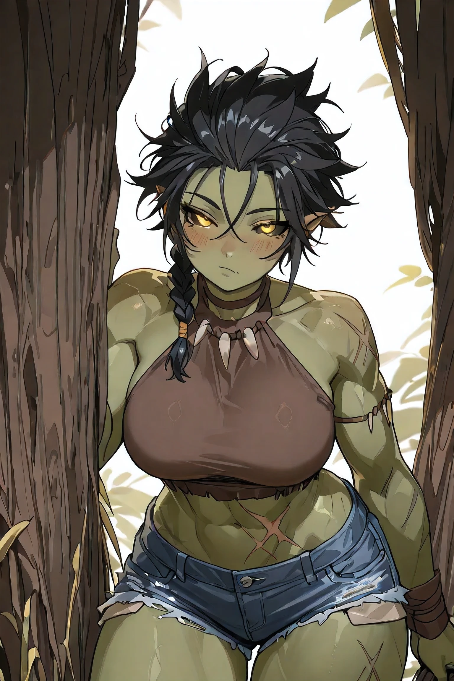 Orc female, short hair, black hair, spiky hair, hair up, short hair, low braid, scar on belly, combed hair, yellow eyes, green skin, flat coloring, 2d coloring, muscular body, glowing pupils, black sclera, large breasts, highly detailed, detailed eyes, tribal troop, seductive look, blush, white background, wearing crop top, wearing denim hotpants,