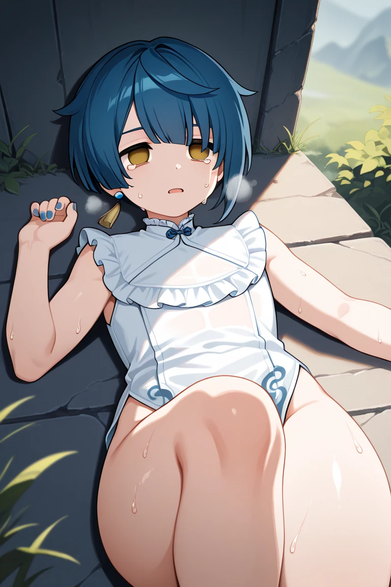 (masterpiece),((best quality)),detailing,((vaginal penis)),((1man and 1woman,having sex)),man on top,1woman solo,25 year old beauty、(extremely beautiful detailed anime face and eyes),dark blue hair,short hair,blue eyes,crying,open mouth,drooling,steam,small head,ideal ratio body proportions,medium breasts,(gleaming skin,oily skin,shiny skin)、(((soaking wet body))),(Perfect Anatomy),lying,on back,spread legs:1.2,arms behind back,((bukkakecum on body,excessive cum)),(blue micro bikini、camel toe)、leather collar、Chained collar),leather loafer shoes、outdoors、garden、grass、Tokyo、
