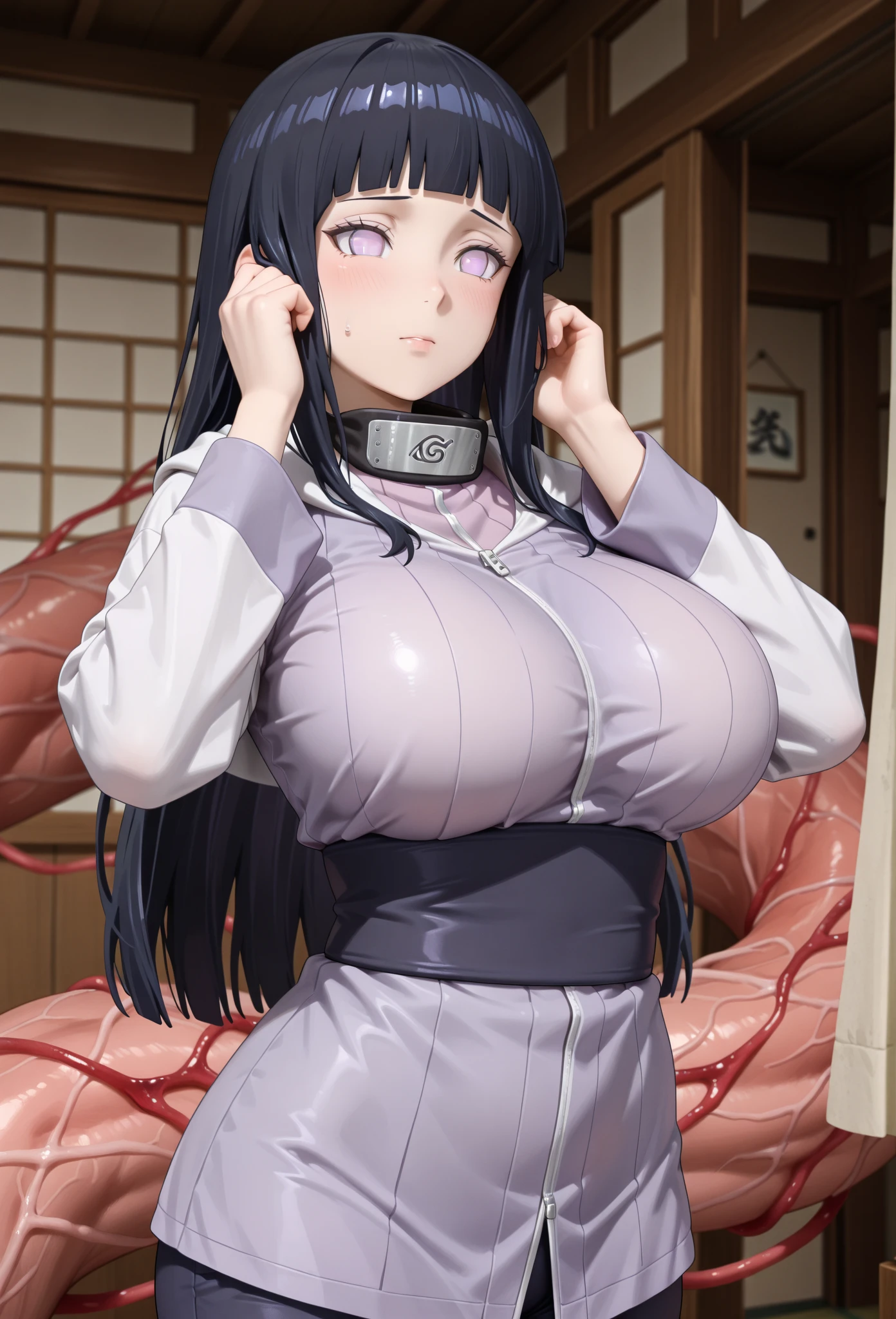 masterpiece, absurdres, 1girl, hinata\(shippuden\), solo,hooded jacket, fishnets, looking at viewer,  floating hair,  wind, blue pants, (Best Quality), length hair, large breasts, breasts out,Bound, Bondage, (arms behind back:1.4), BDSM, tape, TAPE BONDAGE, close-up, srestrained, best anatomy, Curled up, embarrassed face, Upper body, blushing face, humiliation, desperate, (front), (men touching her ), touching breasts, pov hand squeezed breasts 