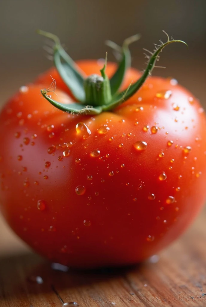 a close-up shot of a ripe tomato, showcasing its vibrant red color, glossy skin, and the tiny droplets of water on its surface