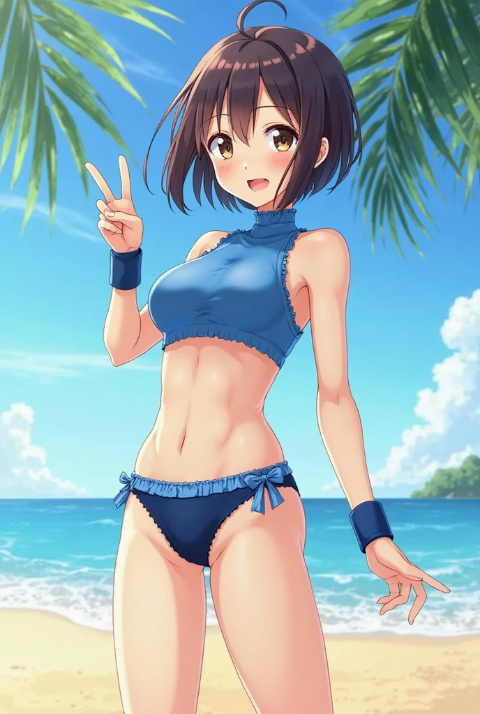 masuter piece, Best Quality, 超A high resolution, top-quality, Anime style, The best lighting, Beautiful face, masterpiece, Hi-Res, RO1, Hair buns, blue eyess, Twin-tailed, Visor Cap, panthyhose, raglan sleeves, Yellow bikini swimsuit, The shirt, Pink ribbon, wrist watch, Standing, pokeball \(basic\), A smile, pleasant sunny sky, 1girll