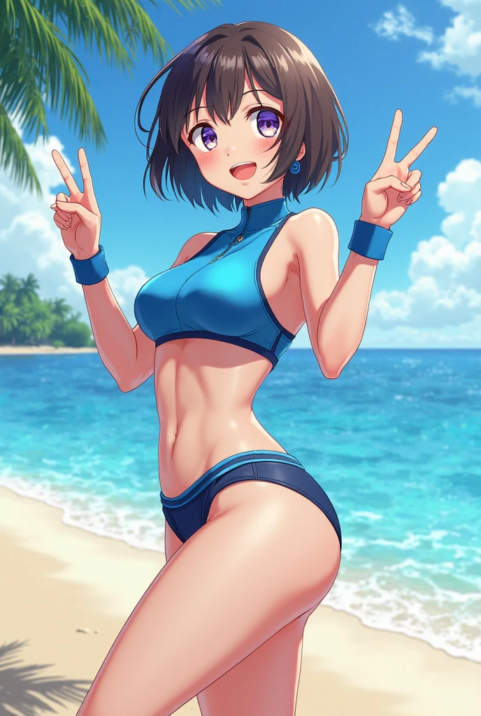 score_9,score_8_up,score_7_up,masterpiece,best quality, source anime, realistic, super detailed, extreme detailed, rating_safe,
1girl, walking, (pointing over there:1.2), from behind, looking back viewer,  
BREAK girl, 22yo, short hair, bob cut, (blunt bangs), black hair, (tareme, detailed cute brown eyes), curled eyelashes, (large breasts:0.9),
shiny hair, beautiful detailed eyes, beautiful face,
slender, small ass, slim legs,
bikini, sweat, ass,
blush, smile, happy, open mouth,
outdoors, beach, summer, blazing sun, 